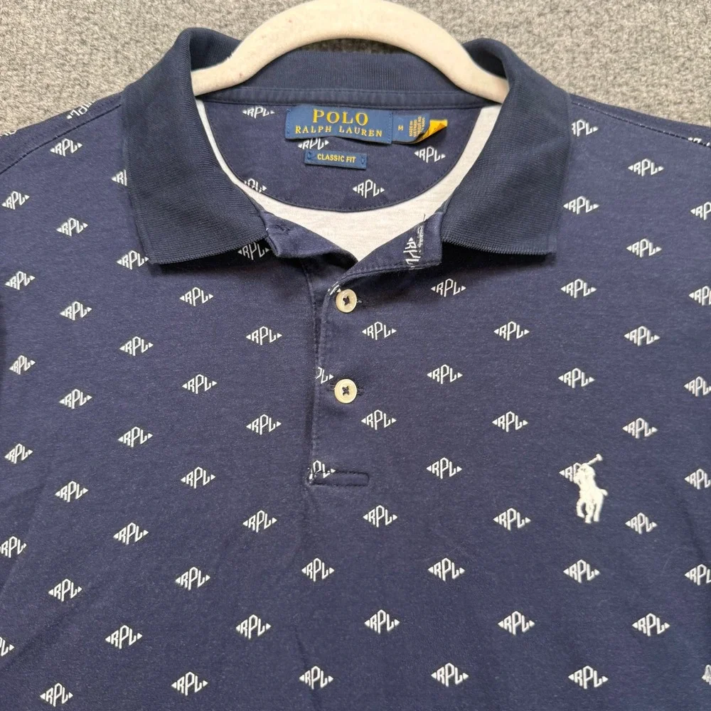Polo Ralph Lauren Polo Shirt Men Medium Blue Monogram All Over Print Classic Fit